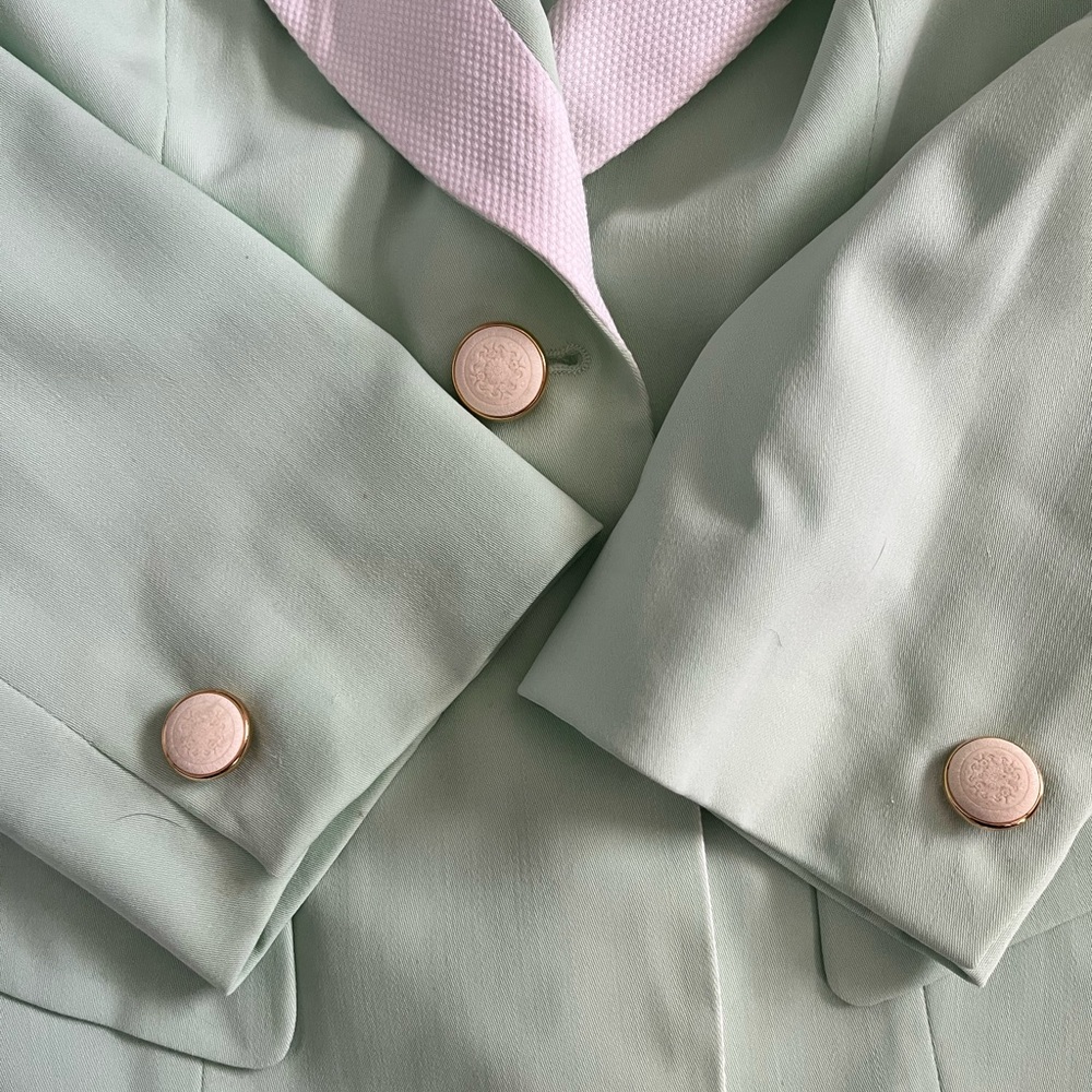 Vintage Escada 80s seafoam green white wool blazer jacket sport coat EU 42 L - Picture 2 of 13